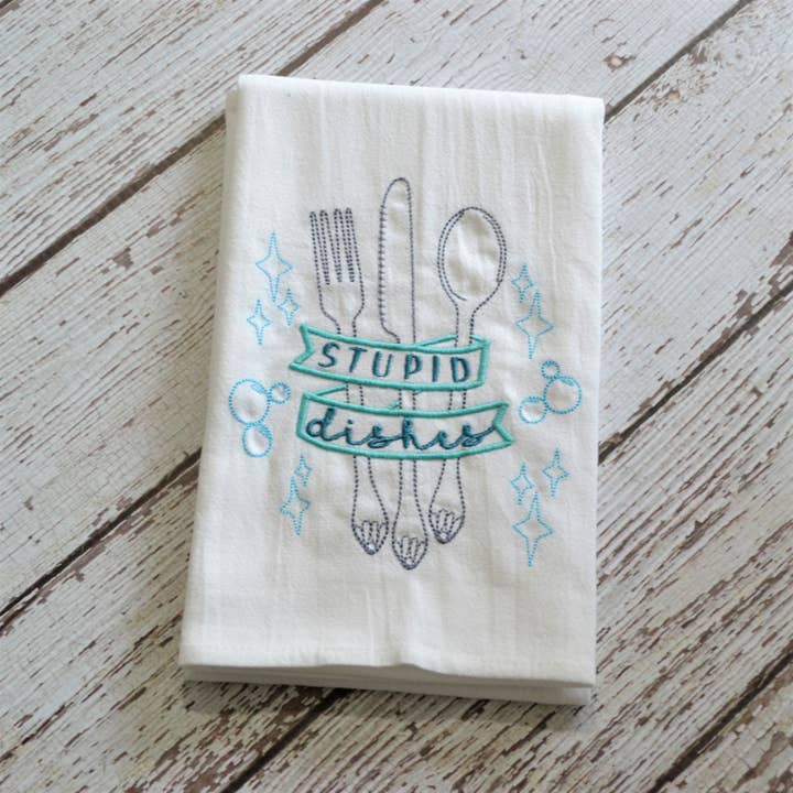 SewMuchMoreStore - Wholesale Tea Towel - CLEARANCE - Stupid Dishes Tea Towel, Embroidered Floursack1