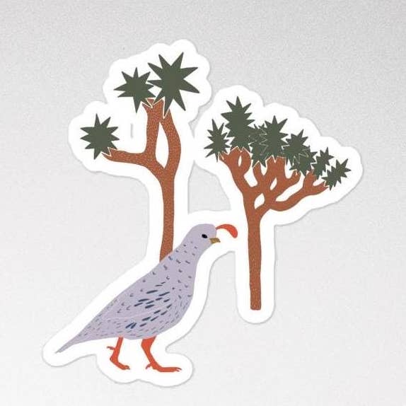 Joshua Tree and Desert Quail Sticker for wholesale by At the Dot Design