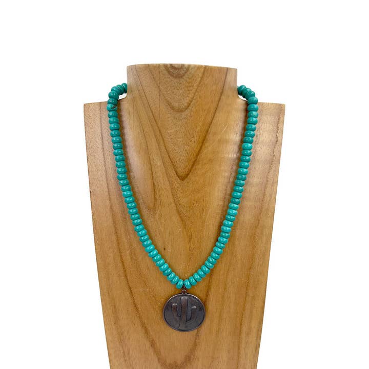 NKZ230930-49 17 inches roundel green stone beads with copper metal cactus Necklace for wholesale by Western Elite Jewelry