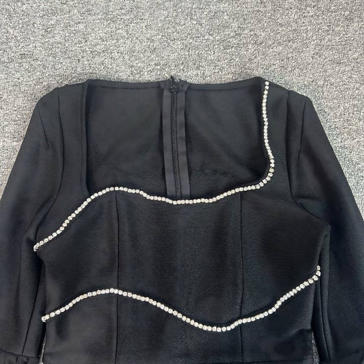 Svart DR364Bandageklänning med diamantkedjeslitsar och lång ärm för wholesale på Faire12