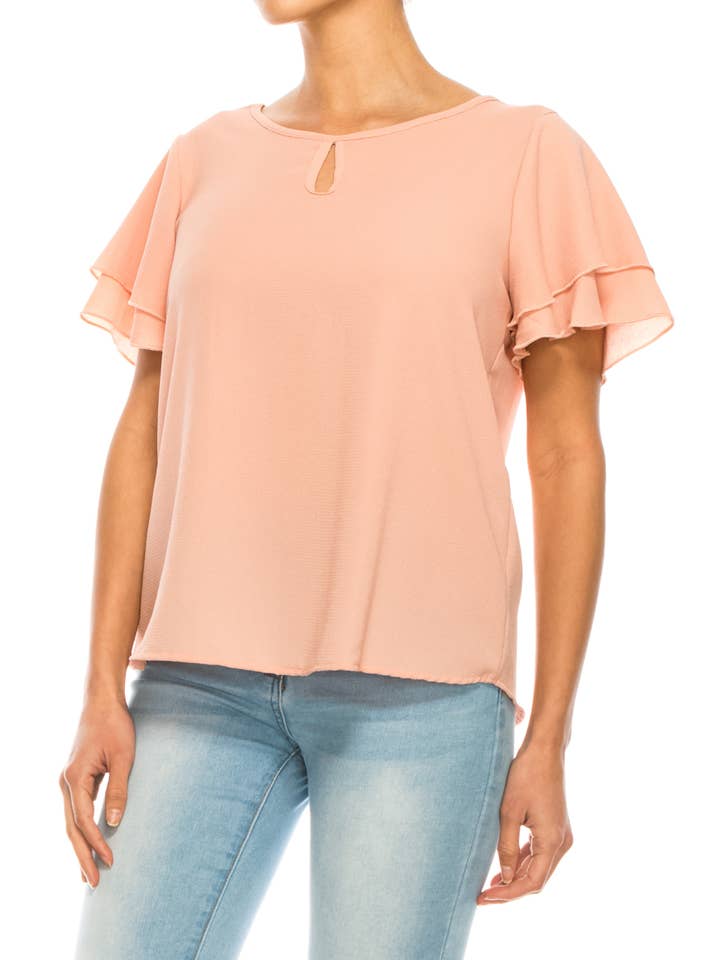 MOA COLLECTION - Wholesale Blouse - Women's - Casual Solid Flowy Short Flutter Sleeve Key Hole Blouse21