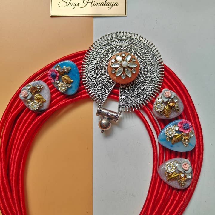 ShopHimalaya - Wholesale Pendant/charm necklace - Silk Thread Statement Necklace with Pendant Floral Accents3