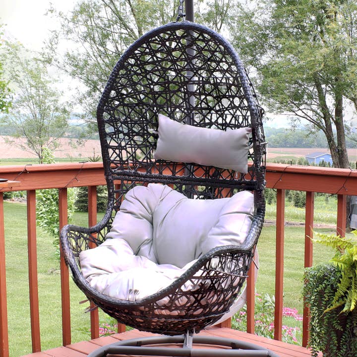 Resin Wicker Basket Hanging Egg Chair with Cushions - Gray for wholesale by Sunnydaze Decor