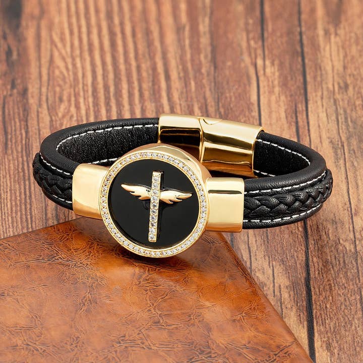 Gemcohub - Wholesale Bangle Bracelet - Round Stone Vintage Religious Metal Men's Bracelet1