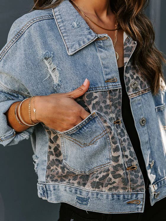 XC1449 Blue Leopard Patchwork Denim Jackets Shacket for wholesale by UNISHE