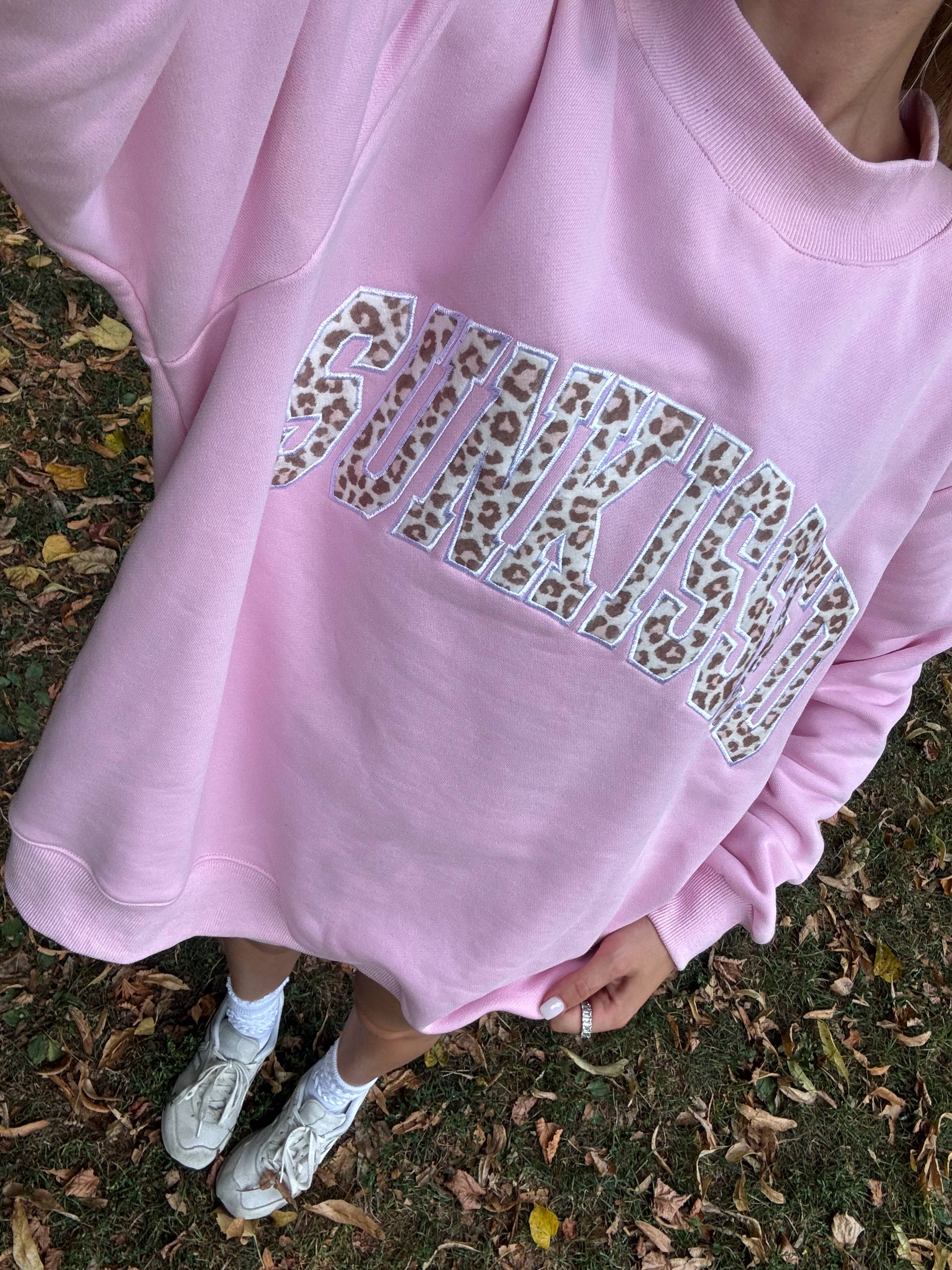 Bubblegum Pink Cheetah Print Varsity Sunkissed Embroidered Mockneck Sweatshirt 100% Cotton for wholesale on Faire11