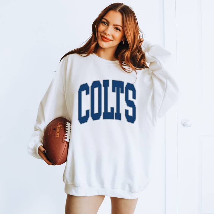 Limeberry Designs - Wholesale Graphic Sweatshirt - Women's - Colts Collegiate Letter Wholesale Graphic Sweatshirt + Hoodie