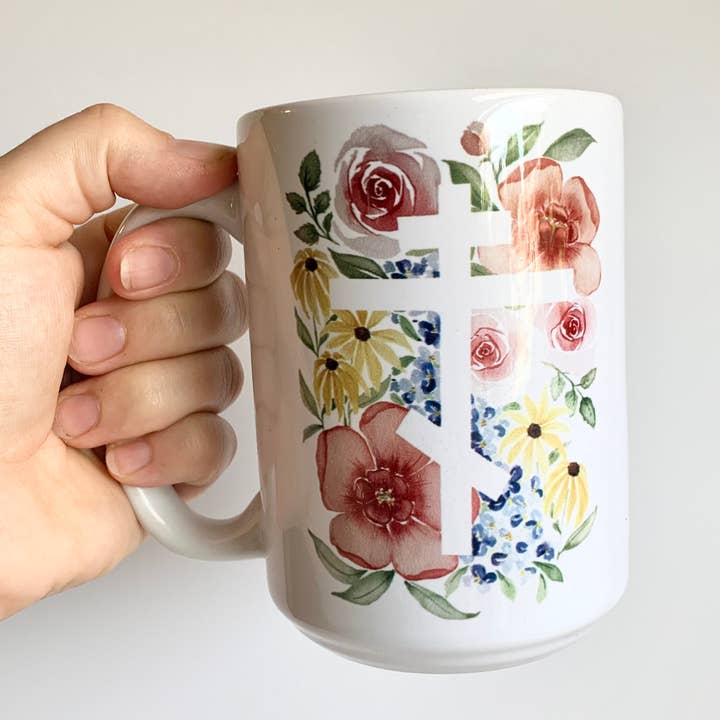 Floral Cross Mug by the Green Paintbrush for wholesale by DRAW NEAR DESIGNS, LLC