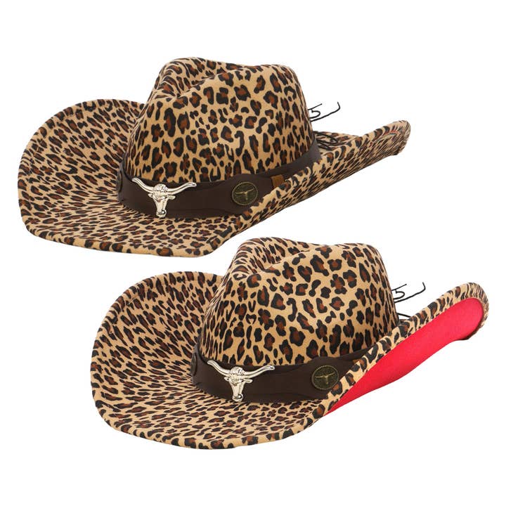 Cap Zone - Wholesale Cowboy Hat - Women's - Brown Longhorn Faux Leopard Felt Cowboy Hat8
