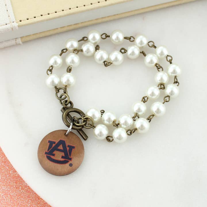Seasons Jewelry - Wholesale Charm/Dangle Bracelet - Auburn Logo Pearl & Wood Disc Toggle Bracelet