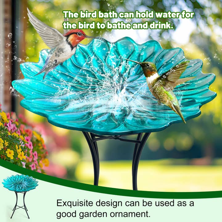 Liffy - Wholesale Bird Bath - Green Glass Bird Bath with Metal Stand Garden Decor