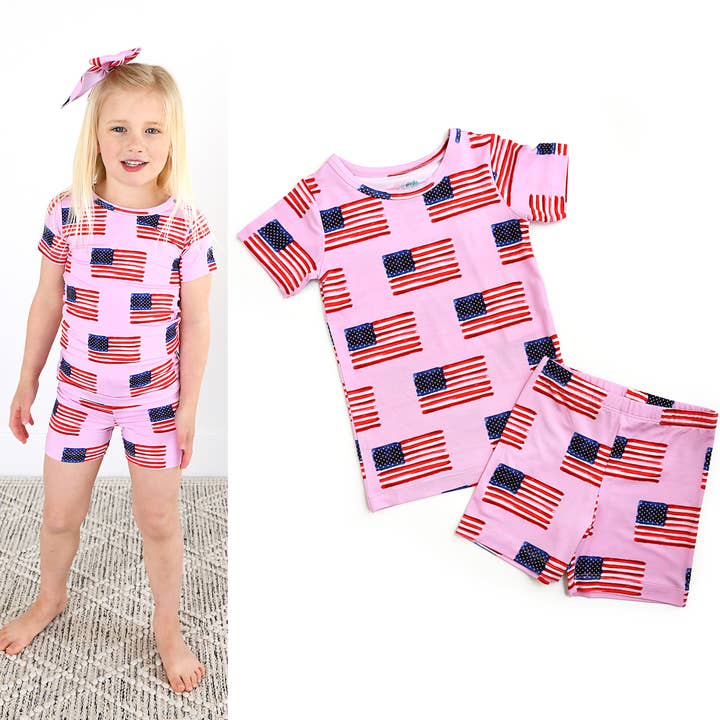 Betty Pink Flag Two Piece -Shorts Bamboo 4th of July for wholesale by Gigi and Max
