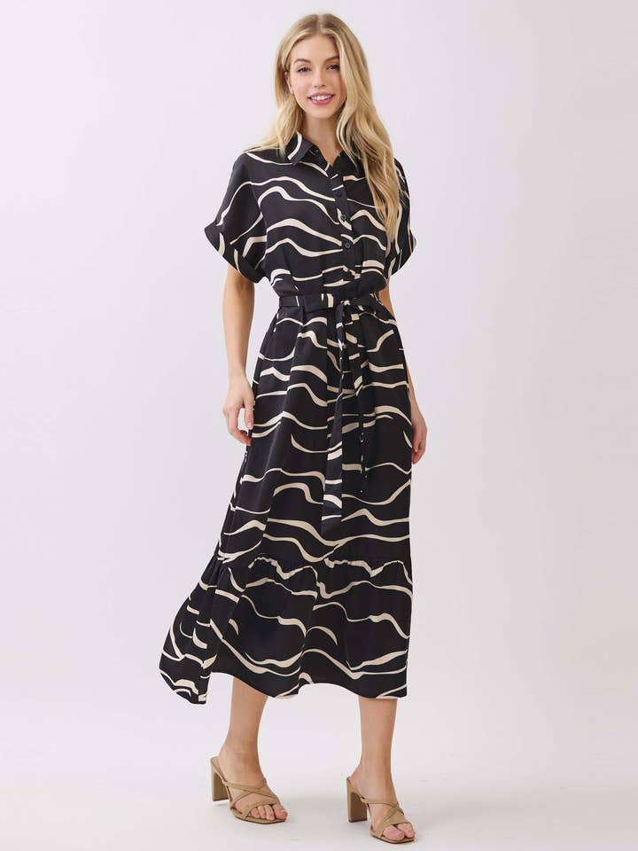 SATIN COLLARD BUTTON DOWN WAIST TIE MIDI DRESS - VGD42930 for wholesale by Calista