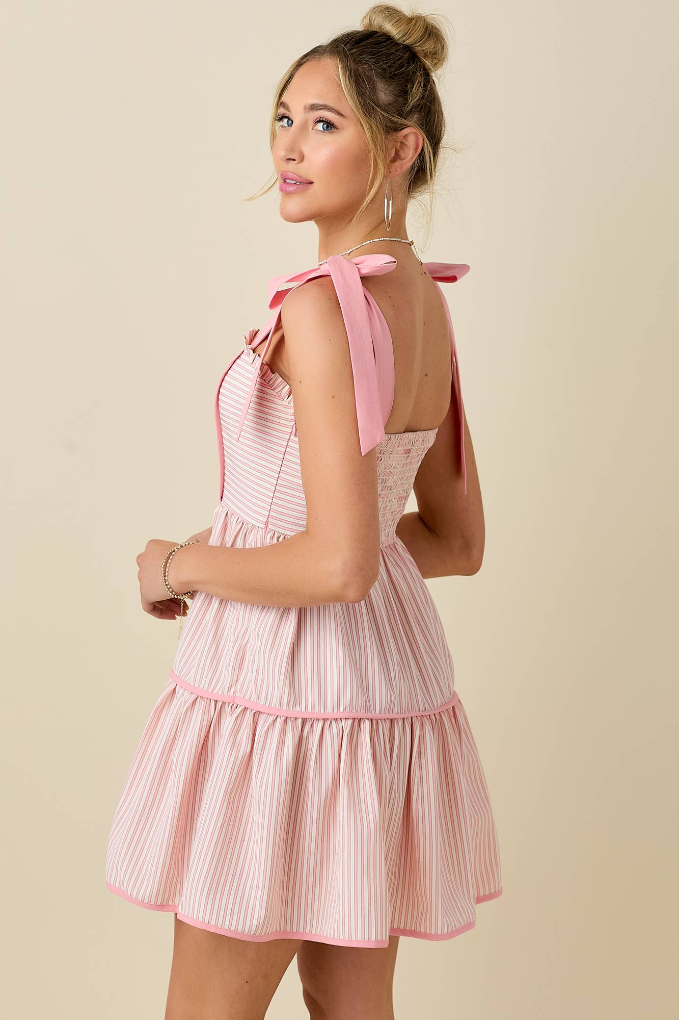 WHITE PINK Stripe mini dress with ribbon shoulder strap for wholesale on Faire6