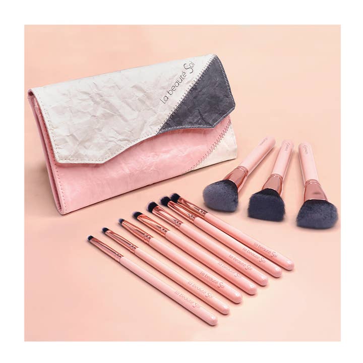 PINEAPPLE Beauty - Wholesale Makeup Brush Set - LBS SE810 Blush Pink 10Pc Makeup Brush Set with Pouch