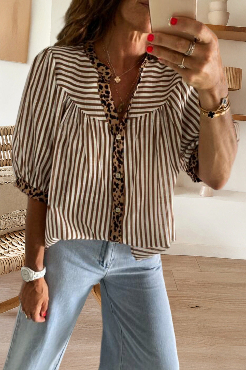 Brown Leopard Trim Button Down Stripe Half Sleeve Shirt (S-XL) for wholesale on Faire2