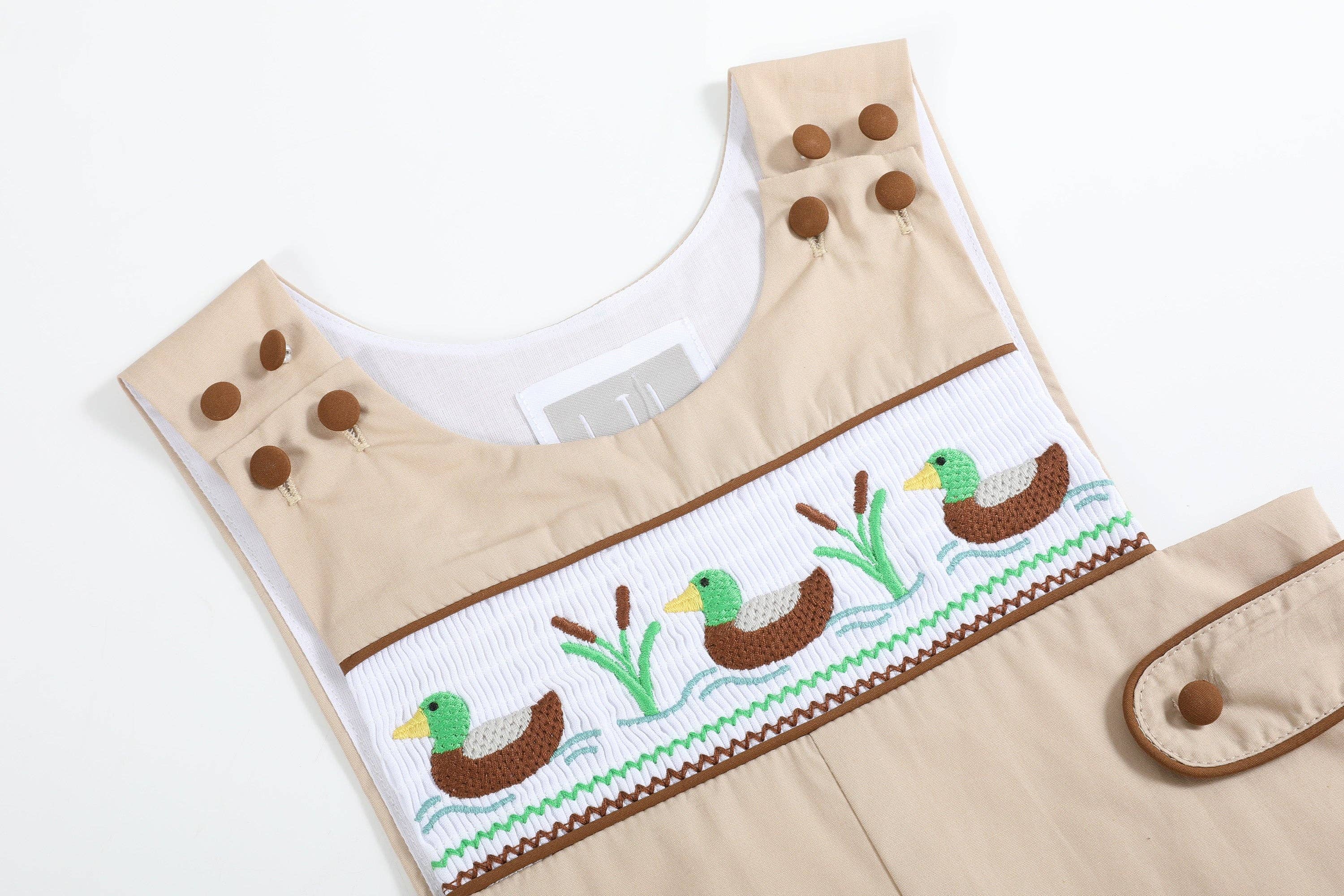 Lil Cactus - Wholesale Overalls - Baby - Light Brown Mallard Smocked Overalls2
