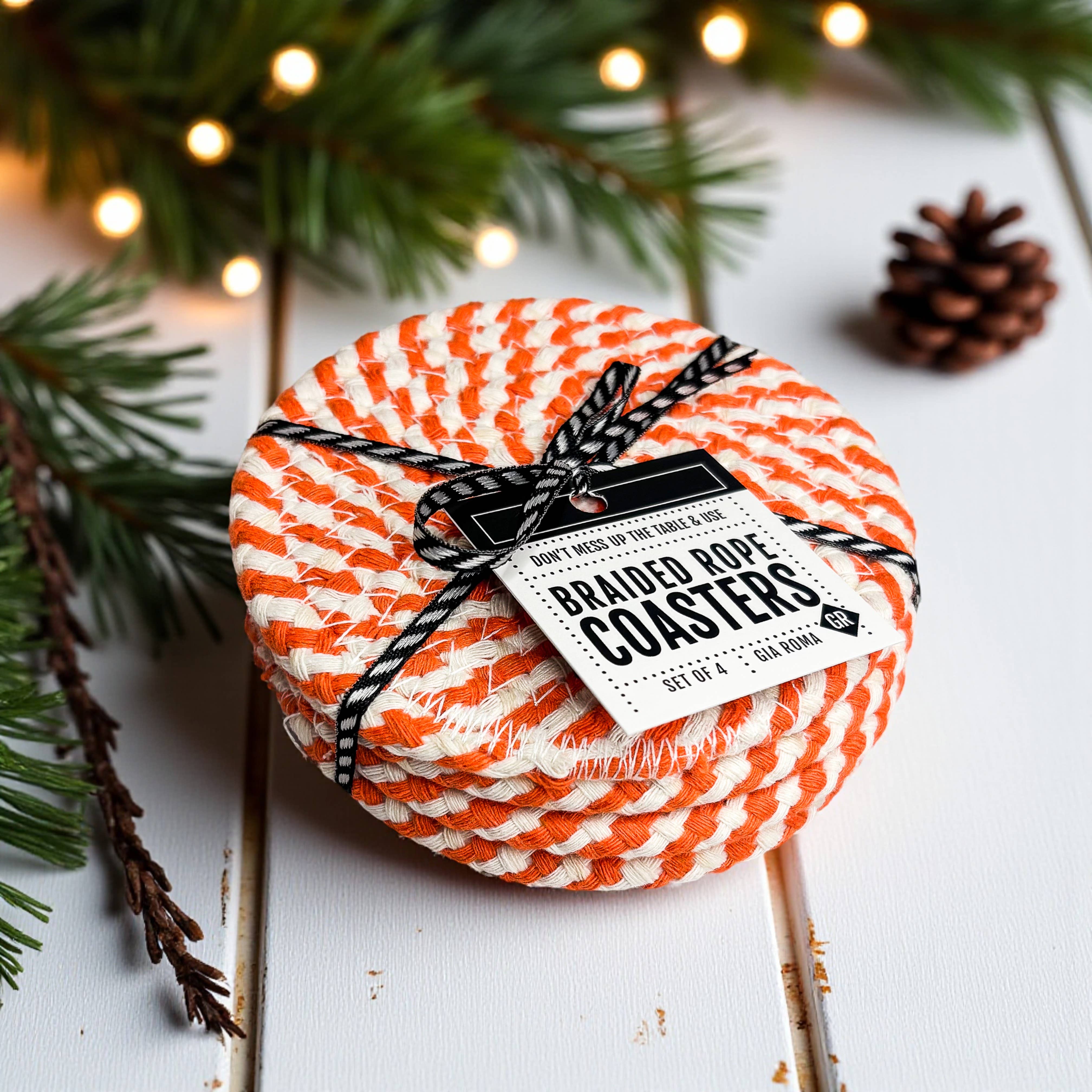 Gia Roma - Wholesale Coasters - Christmas Coasters, Red Candy Cane Braided Cotton Fabric Set81
