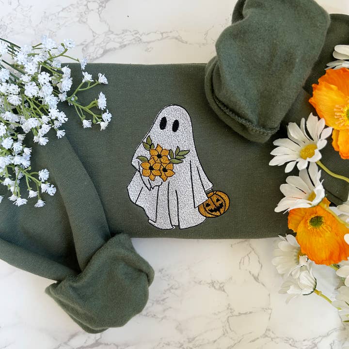 Embroidered Halloween Floral Ghost Sweatshirt for wholesale by Plantiful Design Co