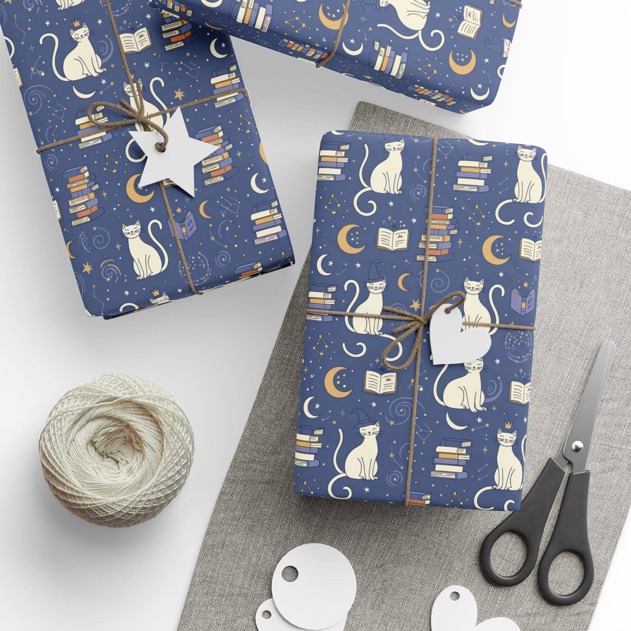 Lokipawz - Wholesale Flat Wrap - Purrfectly Bookish – Celestial Cat & Cozy Library Wrapping Paper1