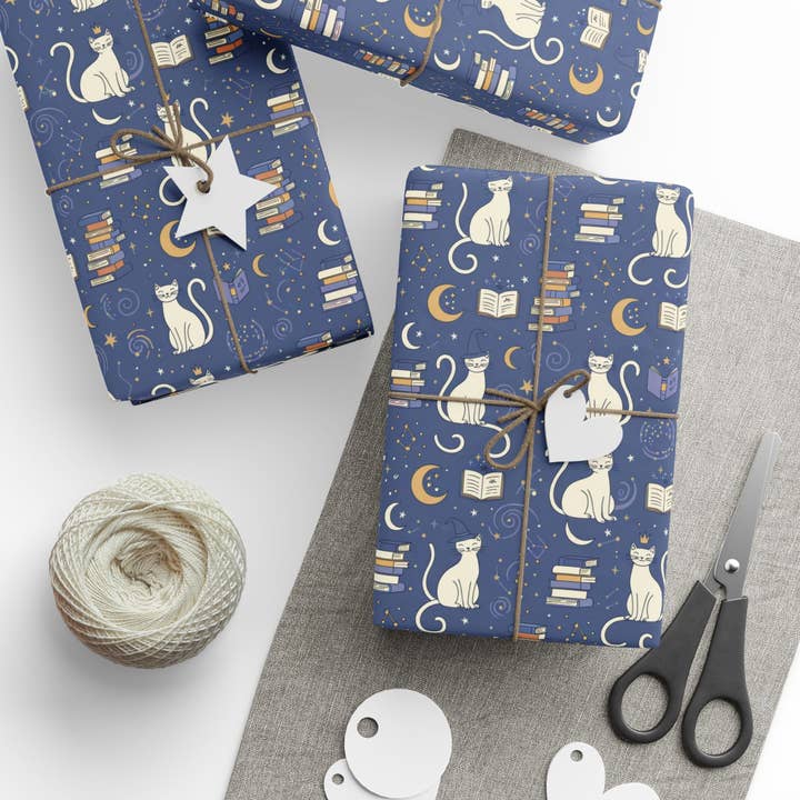 Lokipawz - Wholesale Flat Wrap - Purrfectly Bookish – Celestial Cat & Cozy Library Wrapping Paper1