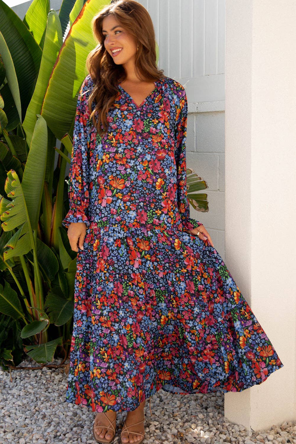 Blue Floral V-Neck Long Sleeve Maxi Dress for wholesale on Faire3