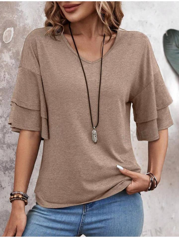 Rosa Clothing - Wholesale Blouse - Women's - Summer V-Neck Ruffle Sleeve Loose Short-Sleeved T-Shirt
