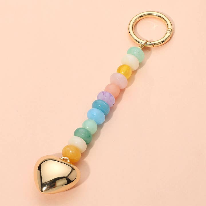 Sensibling Corp. - Wholesale Keychain - Women's - Metal Heart Tip Pointed Colorful Resin Round Beaded Bag Charm / Keychain3
