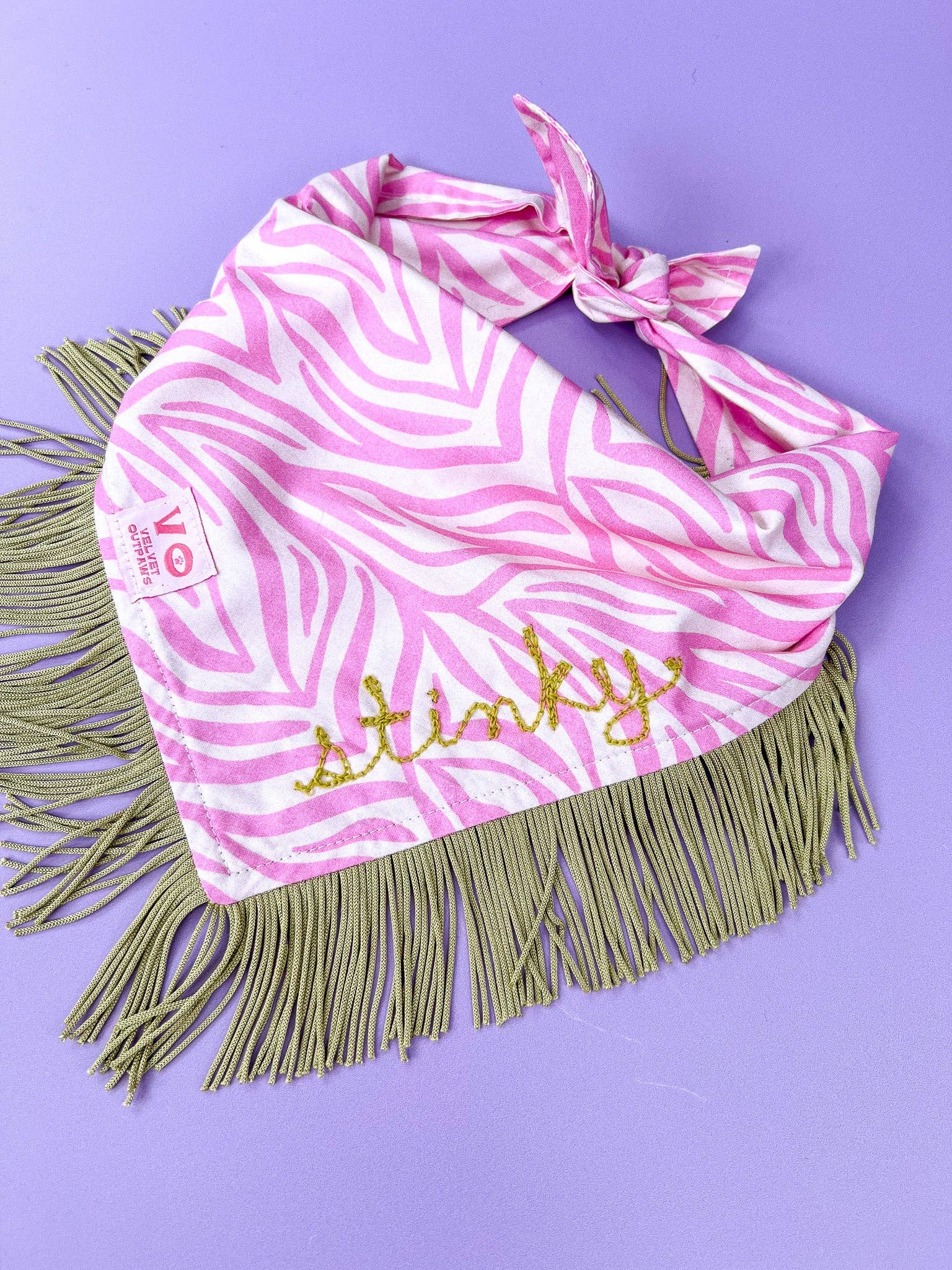 Velvet Outlaw - Wholesale Pet Bandana - Dog - Pink Zebra Stripe with Sage Green Fringe Pet Bandana3