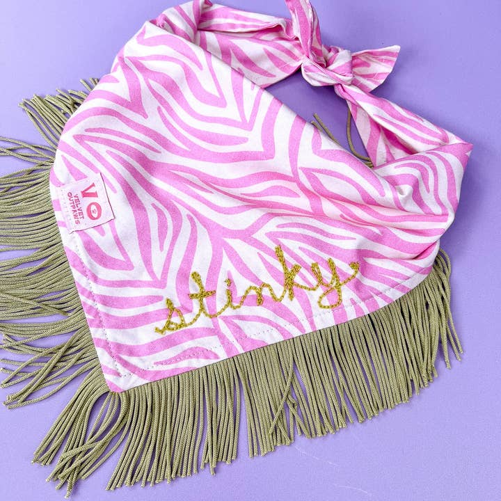 Velvet Outlaw - Wholesale Pet Bandana - Dog - Pink Zebra Stripe with Sage Green Fringe Pet Bandana3