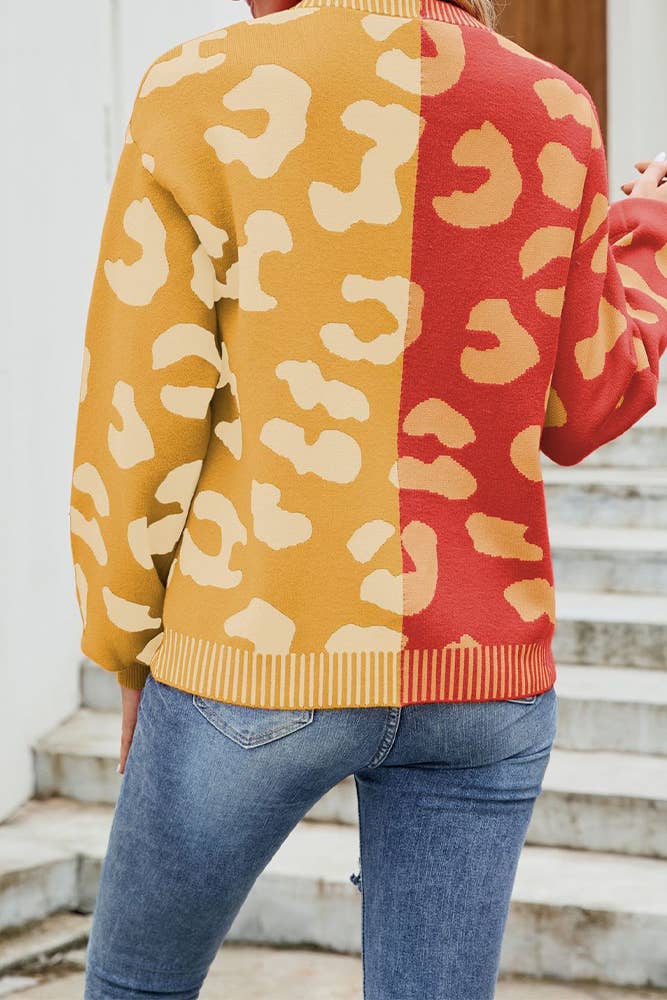 UNISHE - Wholesale Cardigan - Women's - V Neck Button Leopard Colorblock Cardigan MD00711