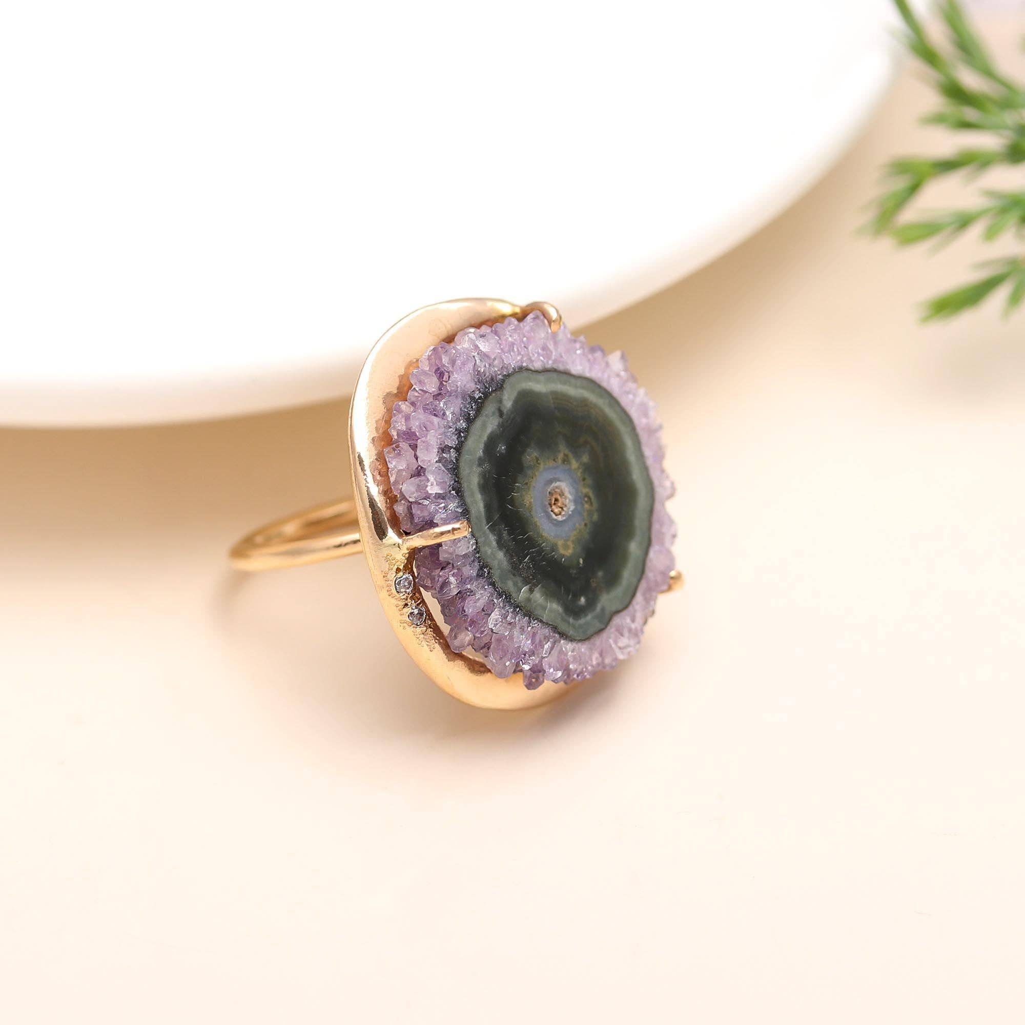 AG 925 JEWELLERY - Wholesale Cocktail/Statement Ring - 925 Silver Amethyst Stalactite Slice Ring2