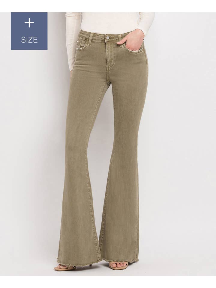 COVERT GREEN PLUS SIZE HIGH RISE SUPER FLARE JEANS V3084CG-P for wholesale on Faire