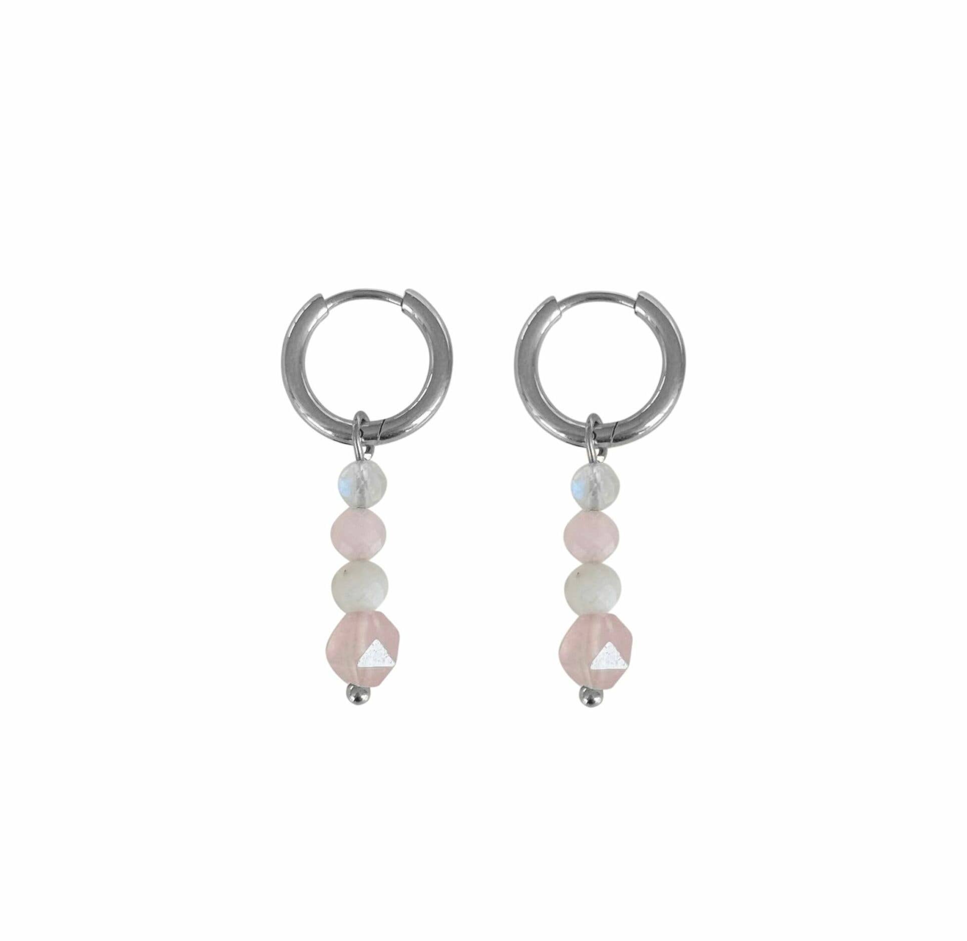 Saint Clairmont - Wholesale Huggie Earrings - Moonstone & Rose Quartz Earrings - Silver0