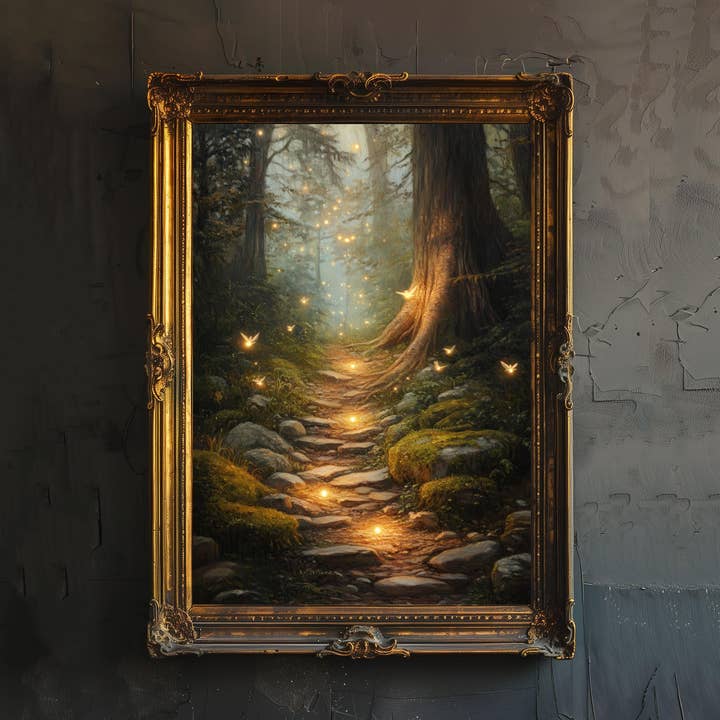 Pôster de Prado de Fadas Enevoado Decoração Cottagecore Arte Dark Academia Ilustração de Paisagem Encantada Arte de Parede Vintage Natureza Estética Rústica por atacado de InkNPrintz