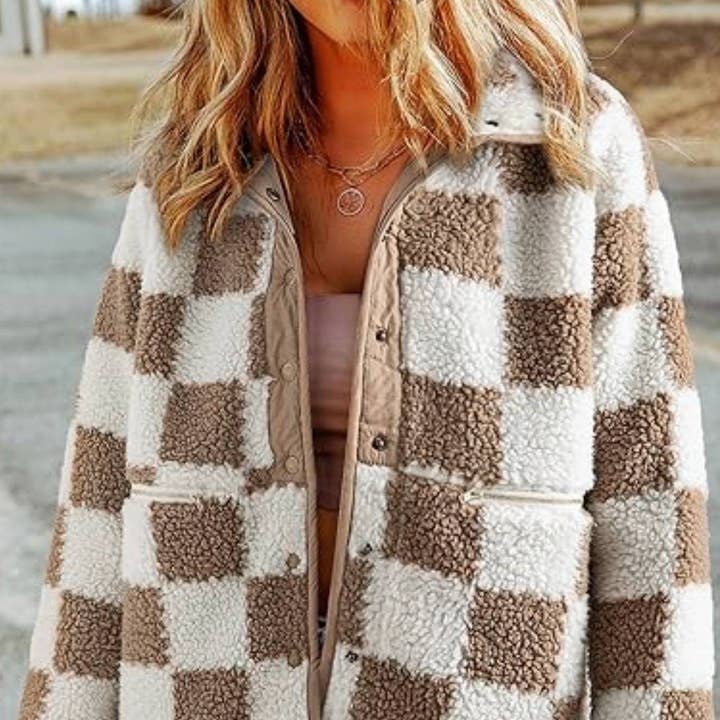 Rosa Clothing - Wholesale Jacket - Women's - Checkered fleece snap buttoned relaxed jacket8