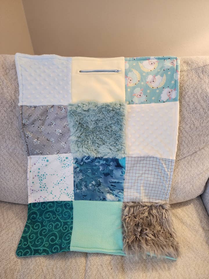 Sensory Blanket- Sleeping sheep on a moon Theme fidget lap blanket Dementia for wholesale by Peek A Boo Plush