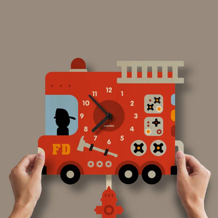 Popclox - Wholesale Wall Clock - Fire Truck Pendulum Clock - Wood