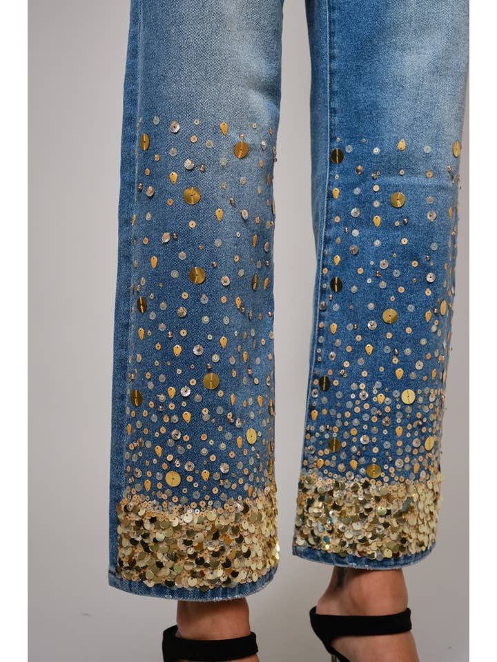 MED WASH 91499P - Gold Sequin Straight Leg Jeans for wholesale on Faire3