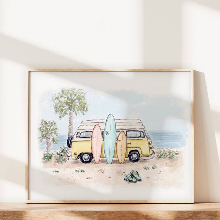 Impression de rêve de van de surf d'été sans fin – Art côtier de Californie pour la vente par Swil Arts