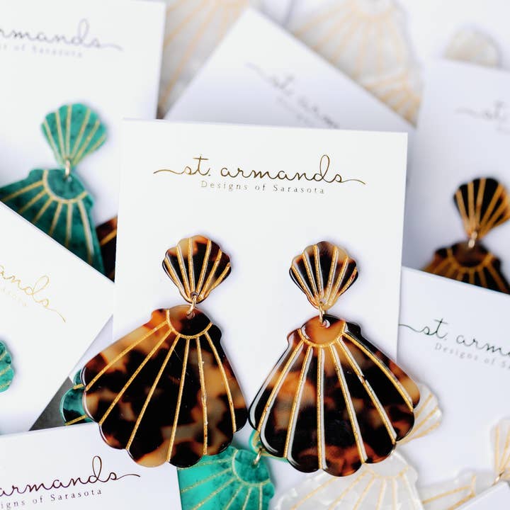 St Armands Designs of Sarasota - Wholesale Dangle Earrings - Brown Tortoise Shell Statement Earrings