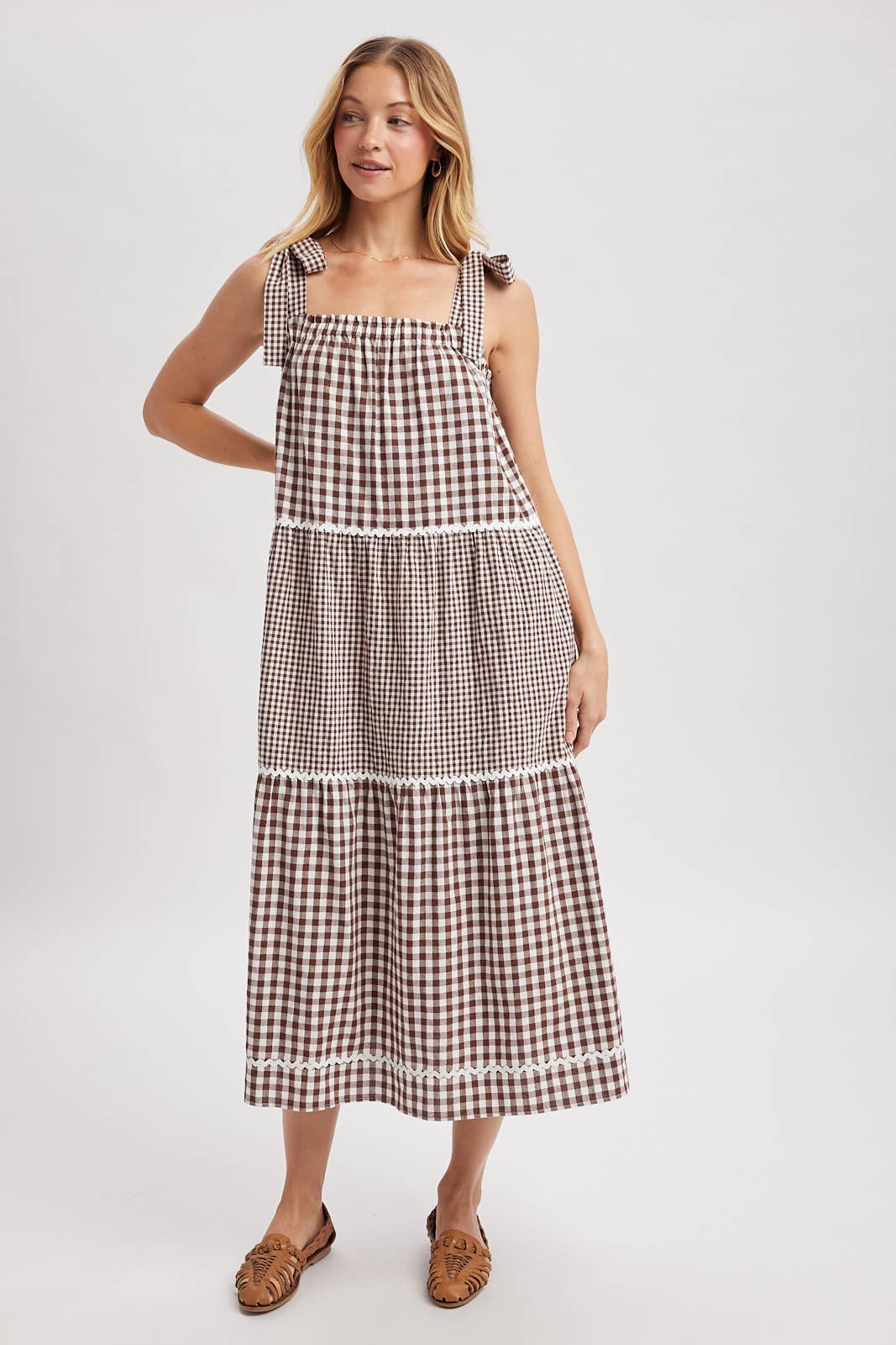 CHOCO CREAM MULTI-GINGHAM TIERED MIDI DRESS / WL25-12046 for wholesale on Faire3