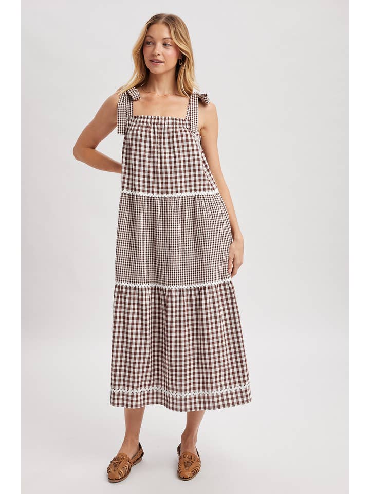 CHOCO CREAM MULTI-GINGHAM TIERED MIDI DRESS / WL25-12046 for wholesale on Faire3