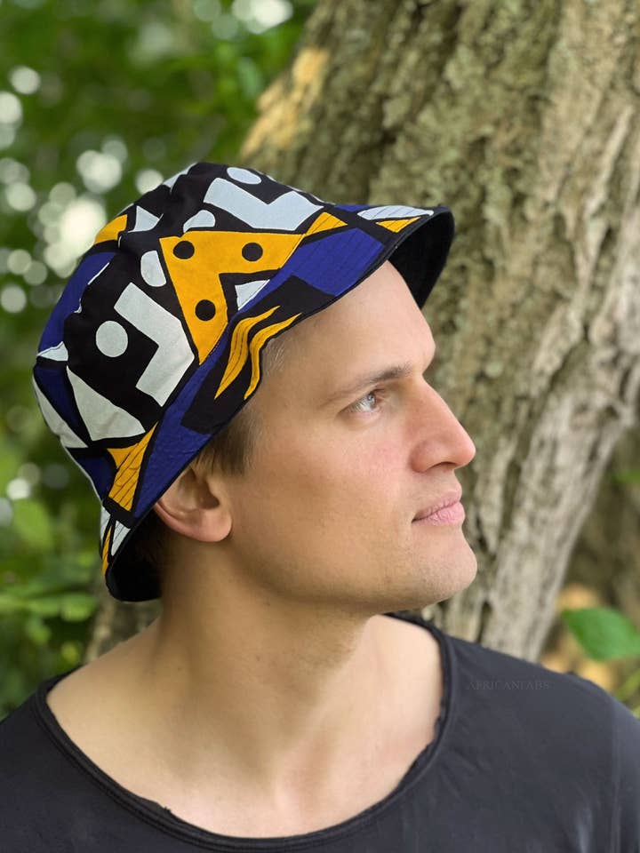 Sombrero de cubo / Sombrero de pescador con estampado africano - Samakaka azul - Tallas para niños y adultos (Unisex) para venta al por mayor de AfricanFabs