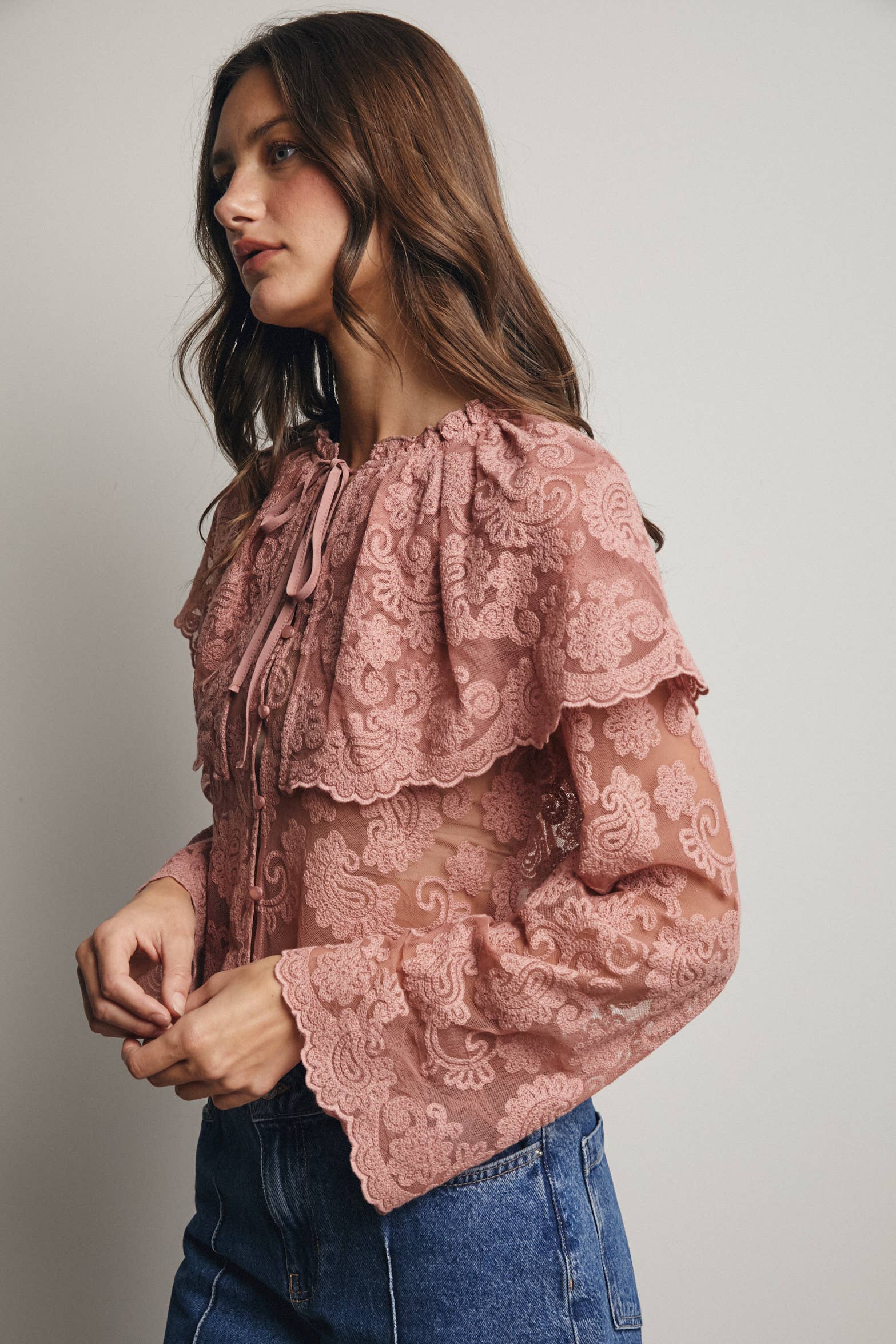 Forte - Wholesale Blouse - Women's - Sheer Embroidered Lace Blouse FT00166