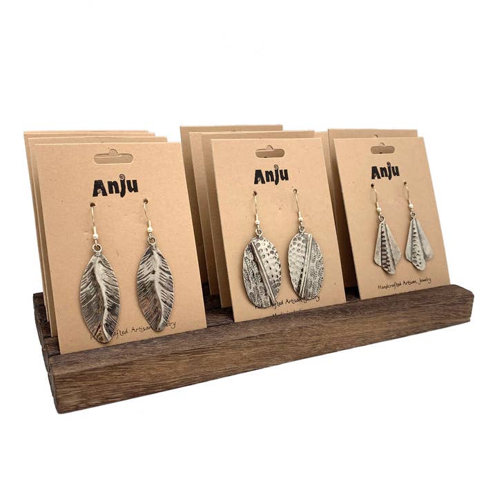 Kashi Antique Silver Earrings and Wooden Display for wholesale by Anju Jewelry