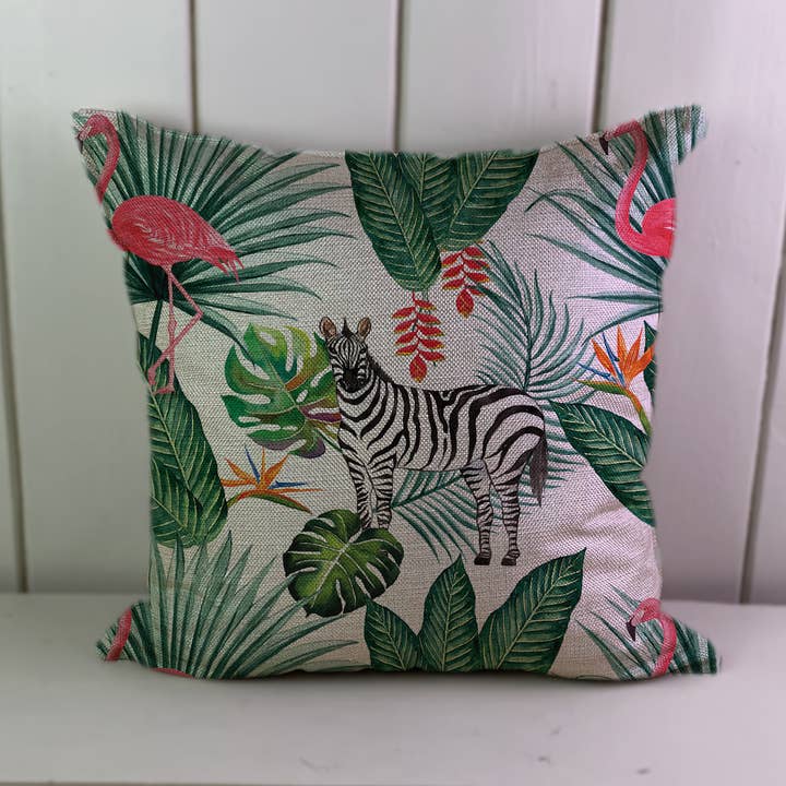Funda de cojín de lino con estampado tropical de cebra para venta al por mayor de Hills Of Fabric