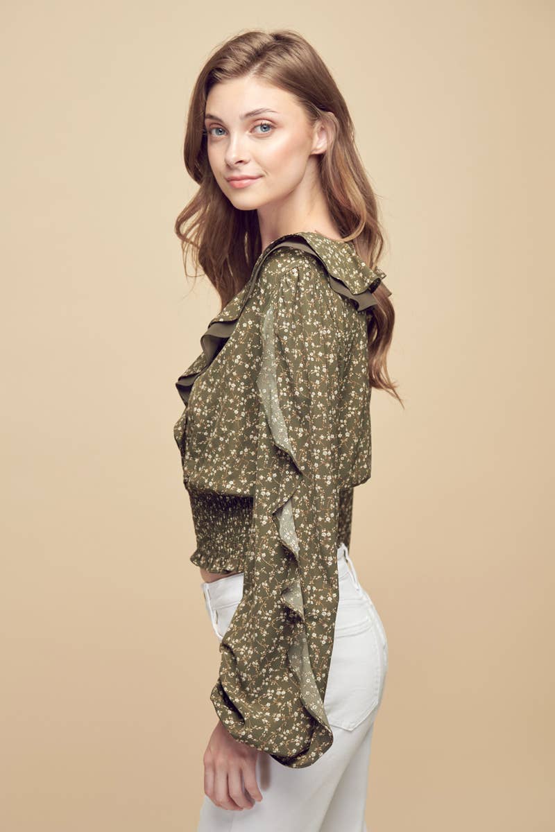 Petal Dew - Vendita all'ingrosso Camicetta - Donna - BLUSA FLOREALE TOP SMOCKING CROPPED INCRESPATO - P000303