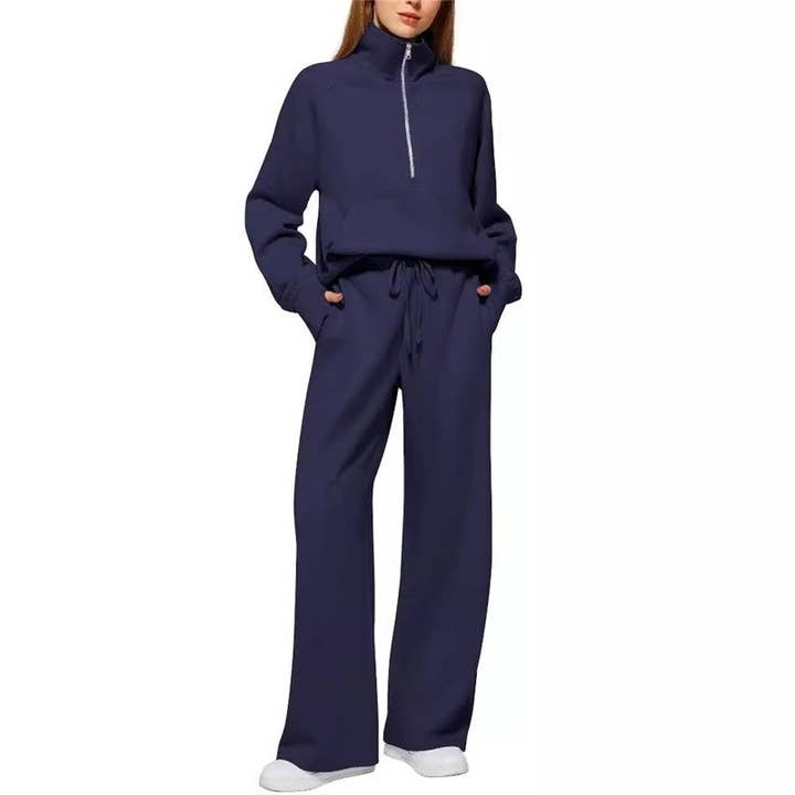 UZ Wholesale Store - Wholesale Lounge Set - Women's - Pure Color Half Zip Sweatshirt Wide Leg Joggers Set4