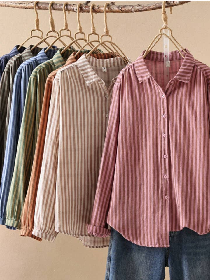 Blusa de Rayas Multicolor Teñida en Hilo de Manga Larga para venta al por mayor de Whisper Mint